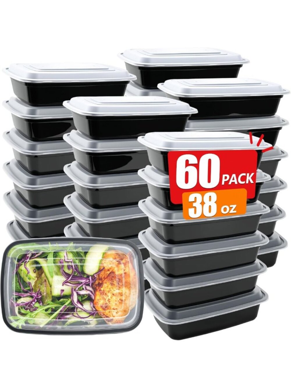 60 Pack Meal Prep Containers - 38 oz Stackable Bento Boxes, BPA-Free, Microwave